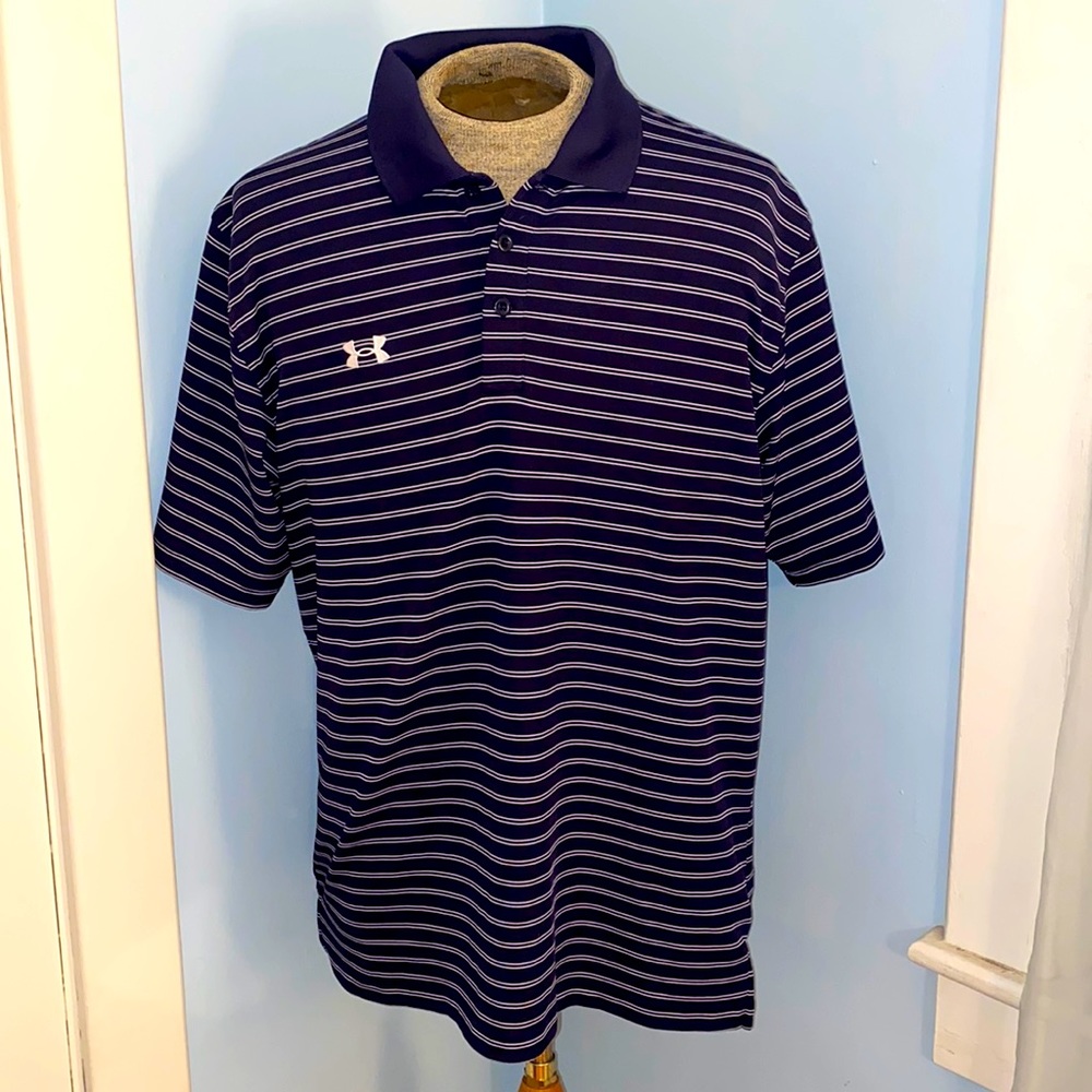 UNDER AMOUR Golf Polo Shirt - Navy with White Stripes - Medium - NWOT
